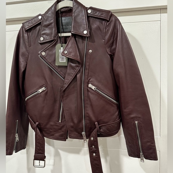 All Saints Balfern Biker Leather Jacket in Deep Berry - Picture 11 of 15